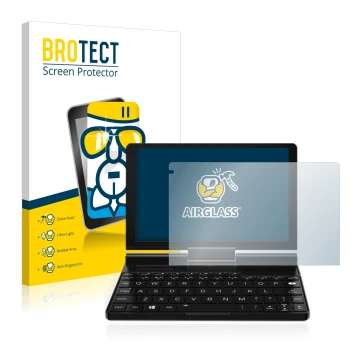 Face avant d’un emballage produit avec le logo de la marque BROTECT. À côté, l’appareil GPD Pocket 3 est représenté avec la pr