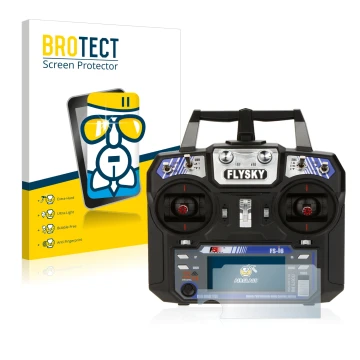 Face avant d’un emballage produit avec le logo de la marque BROTECT. À côté, l’appareil FlySky FS-i6 est représenté avec la pr