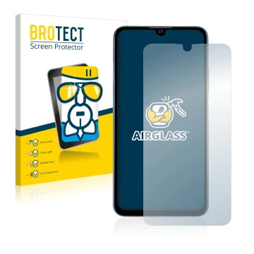 Face avant d’un emballage produit avec le logo de la marque BROTECT. À côté, l’appareil ZTE Blade A71 est représenté avec la p