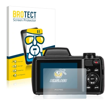 Face avant d’un emballage produit avec le logo de la marque BROTECT. À côté, l’appareil Kodak Pixpro AZ525 est représenté avec