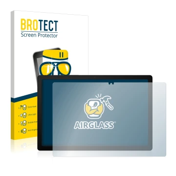 Face avant d’un emballage produit avec le logo de la marque BROTECT. À côté, l’appareil Samsung Galaxy Tab A8 LTE est représen