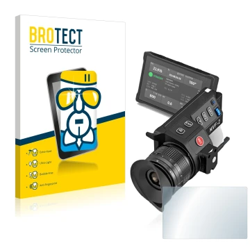 Face avant d’un emballage produit avec le logo de la marque BROTECT. À côté, l’appareil Arri MVF-2 est représenté avec la prot