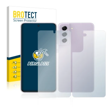 Face avant d’un emballage produit avec le logo de la marque BROTECT. À côté, l’appareil Samsung Galaxy S21 FE 5G (Avant+Arrièr