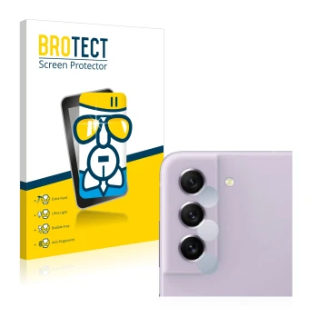 Face avant d’un emballage produit avec le logo de la marque BROTECT. À côté, l’appareil Samsung Galaxy S21 FE 5G (Caméra UNIQU