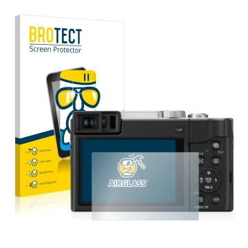 Face avant d’un emballage produit avec le logo de la marque BROTECT. À côté, l’appareil Panasonic Lumix DC-TZ95 est représenté