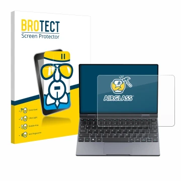 Face avant d’un emballage produit avec le logo de la marque BROTECT. À côté, l’appareil Chuwi MiniBook X est représenté avec l
