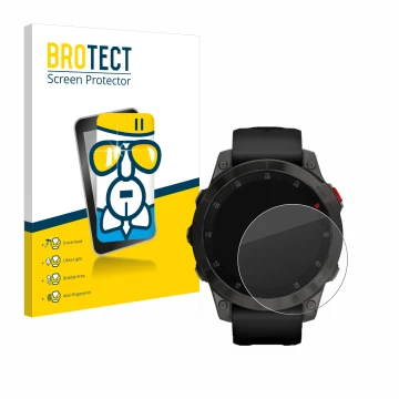 Face avant d’un emballage produit avec le logo de la marque BROTECT. À côté, l’appareil Garmin epix (Gen. 2) est représenté av