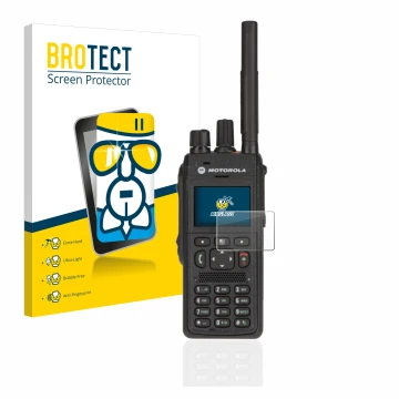 Face avant d’un emballage produit avec le logo de la marque BROTECT. À côté, l’appareil Motorola MTP3550 est représenté avec l