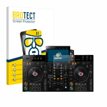 Face avant d’un emballage produit avec le logo de la marque BROTECT. À côté, l’appareil Pioneer XDJ-RX3 est représenté avec la