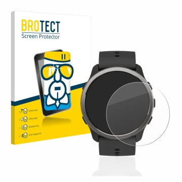 Face avant d’un emballage produit avec le logo de la marque BROTECT. À côté, l’appareil Suunto 5 Peak est représenté avec la p