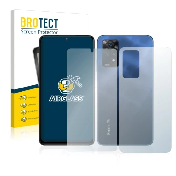 Face avant d’un emballage produit avec le logo de la marque BROTECT. À côté, l’appareil Xiaomi Redmi Note 11 Pro 5G (Avant+Arr