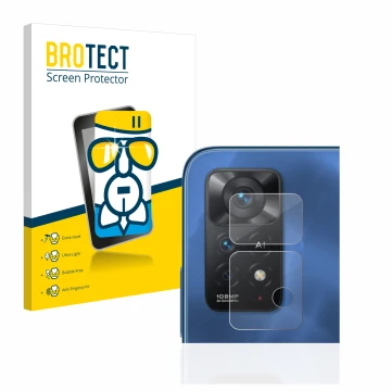 Face avant d’un emballage produit avec le logo de la marque BROTECT. À côté, l’appareil Xiaomi Redmi Note 11 Pro 5G (Caméra UN