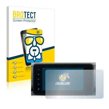 Face avant d’un emballage produit avec le logo de la marque BROTECT. À côté, l’appareil Dacia Sandero 2021-2025 Media Display 