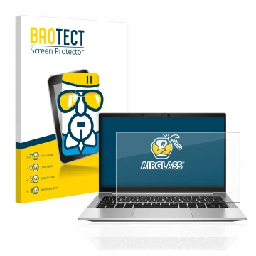 Face avant d’un emballage produit avec le logo de la marque BROTECT. À côté, l’appareil HP EliteBook 830 G8 est représenté ave
