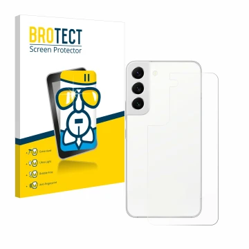 Face avant d’un emballage produit avec le logo de la marque BROTECT. À côté, l’appareil Samsung Galaxy S22 5G (Arrière) est re