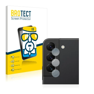 Face avant d’un emballage produit avec le logo de la marque BROTECT. À côté, l’appareil Samsung Galaxy S22 5G (Caméra UNIQUEME