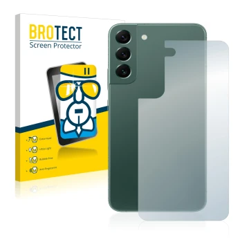 Face avant d’un emballage produit avec le logo de la marque BROTECT. À côté, l’appareil Samsung Galaxy S22 Plus 5G (Arrière) e