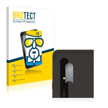 Face avant d’un emballage produit avec le logo de la marque BROTECT. À côté, l’appareil Samsung Galaxy Tab S8 Ultra 5G (Caméra