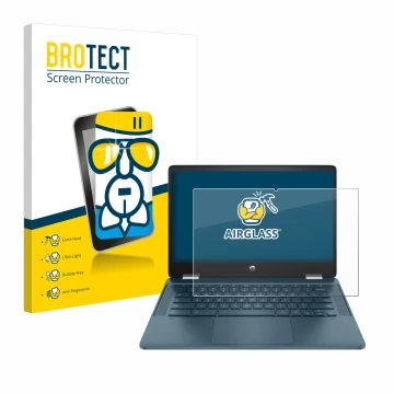 Face avant d’un emballage produit avec le logo de la marque BROTECT. À côté, l’appareil HP Chromebook x360 (14b-cbX) est repré
