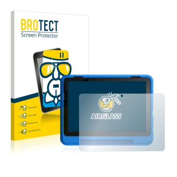 Face avant d’un emballage produit avec le logo de la marque BROTECT. À côté, l’appareil Amazon Fire HD 8 Kids Pro Edition 2021