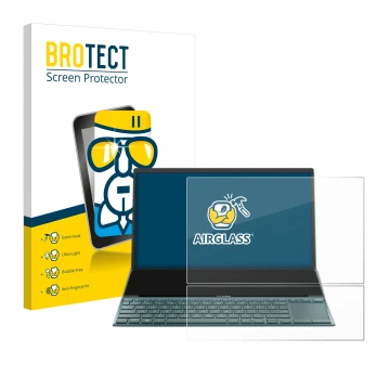 Face avant d’un emballage produit avec le logo de la marque BROTECT. À côté, l’appareil ASUS ZenBook Duo 14 UX482 est représen