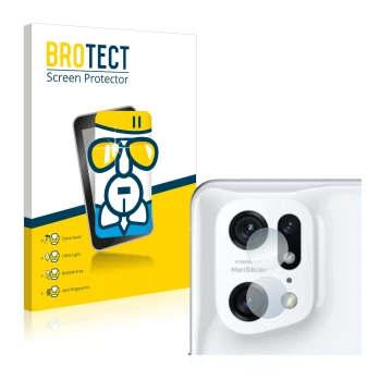 Face avant d’un emballage produit avec le logo de la marque BROTECT. À côté, l’appareil Oppo Find X5 Pro (Caméra UNIQUEMENT) e