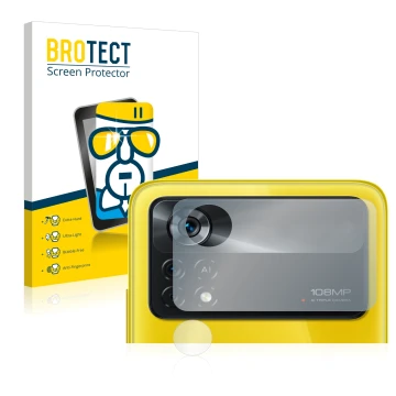 Face avant d’un emballage produit avec le logo de la marque BROTECT. À côté, l’appareil Xiaomi Poco X4 Pro 5G (Caméra UNIQUEME