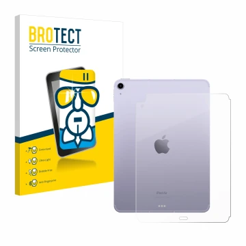 Face avant d’un emballage produit avec le logo de la marque BROTECT. À côté, l’appareil Apple iPad Air 5 WiFi 2022 (Arrière, 5