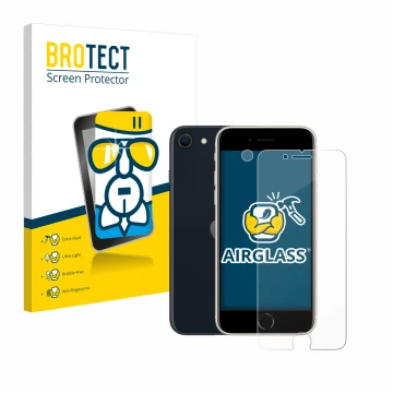 Face avant d’un emballage produit avec le logo de la marque BROTECT. À côté, l’appareil Apple iPhone SE 3 2022 (Avant+Caméra) 