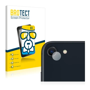 Face avant d’un emballage produit avec le logo de la marque BROTECT. À côté, l’appareil Apple iPhone SE 3 2022 (Caméra UNIQUEM