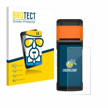 Face avant d’un emballage produit avec le logo de la marque BROTECT. À côté, l’appareil Sunmi V2s est représenté avec la prote