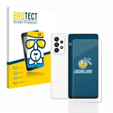 Face avant d’un emballage produit avec le logo de la marque BROTECT. À côté, l’appareil Samsung Galaxy A53 5G (Avant+Caméra) e