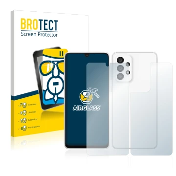 Face avant d’un emballage produit avec le logo de la marque BROTECT. À côté, l’appareil Samsung Galaxy A33 5G (Avant+Arrière) 