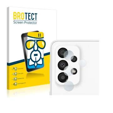 Face avant d’un emballage produit avec le logo de la marque BROTECT. À côté, l’appareil Samsung Galaxy A33 5G (Caméra UNIQUEME