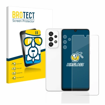 Face avant d’un emballage produit avec le logo de la marque BROTECT. À côté, l’appareil Samsung Galaxy A33 5G (Avant+Caméra) e