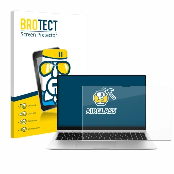 Face avant d’un emballage produit avec le logo de la marque BROTECT. À côté, l’appareil Samsung Galaxy Book2 Pro 360 15.6