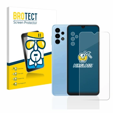 Face avant d’un emballage produit avec le logo de la marque BROTECT. À côté, l’appareil Samsung Galaxy A13 (Avant+Caméra) est 