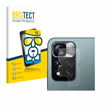 Face avant d’un emballage produit avec le logo de la marque BROTECT. À côté, l’appareil Xiaomi Redmi Note 11 Pro+ 5G (Caméra U