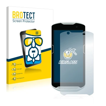 Face avant d’un emballage produit avec le logo de la marque BROTECT. À côté, l’appareil Zebra TC52 est représenté avec la prot