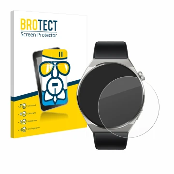 Face avant d’un emballage produit avec le logo de la marque BROTECT. À côté, l’appareil Huawei Watch GT 3 Pro Titanium (46mm) 