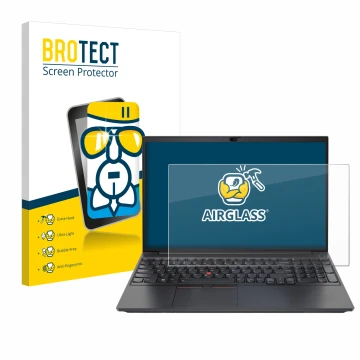 Face avant d’un emballage produit avec le logo de la marque BROTECT. À côté, l’appareil Lenovo ThinkPad E15 Gen 2 est représen