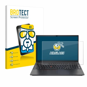 Face avant d’un emballage produit avec le logo de la marque BROTECT. À côté, l’appareil Lenovo ThinkPad E15 Gen 3 est représen