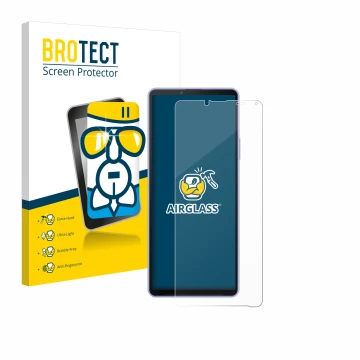 Face avant d’un emballage produit avec le logo de la marque BROTECT. À côté, l’appareil Sony Xperia 10 IV est représenté avec 