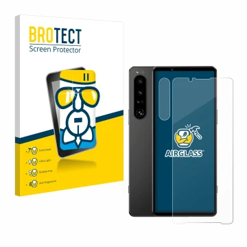 Face avant d’un emballage produit avec le logo de la marque BROTECT. À côté, l’appareil Sony Xperia 1 IV (Avant+Caméra) est re