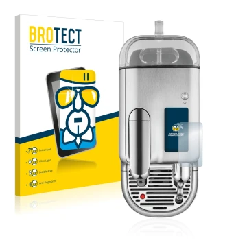 Face avant d’un emballage produit avec le logo de la marque BROTECT. À côté, l’appareil Sage Nespresso Creatista Pro est repré