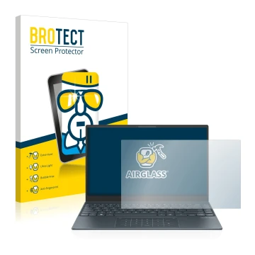 Face avant d’un emballage produit avec le logo de la marque BROTECT. À côté, l’appareil ASUS ZenBook 13 OLED est représenté av