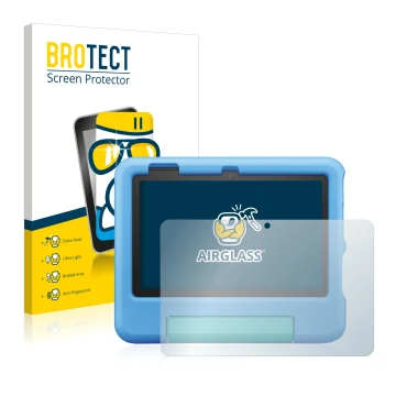 Face avant d’un emballage produit avec le logo de la marque BROTECT. À côté, l’appareil Amazon Fire 7 Kids 2022 est représenté