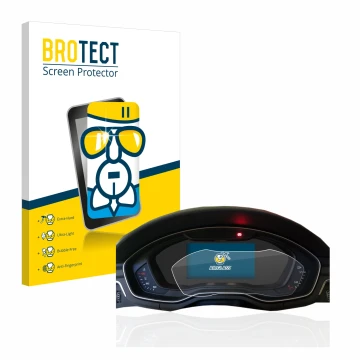 Face avant d’un emballage produit avec le logo de la marque BROTECT. À côté, l’appareil Audi A4 B9 2017 Virtual Cockpit est re