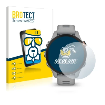 Face avant d’un emballage produit avec le logo de la marque BROTECT. À côté, l’appareil Garmin Forerunner 255S est représenté 