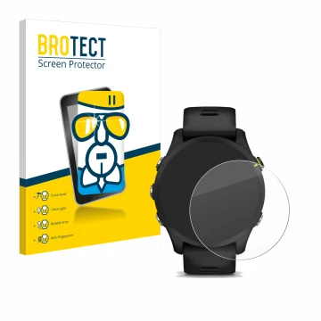 Face avant d’un emballage produit avec le logo de la marque BROTECT. À côté, l’appareil Garmin Forerunner 255 Music est représ